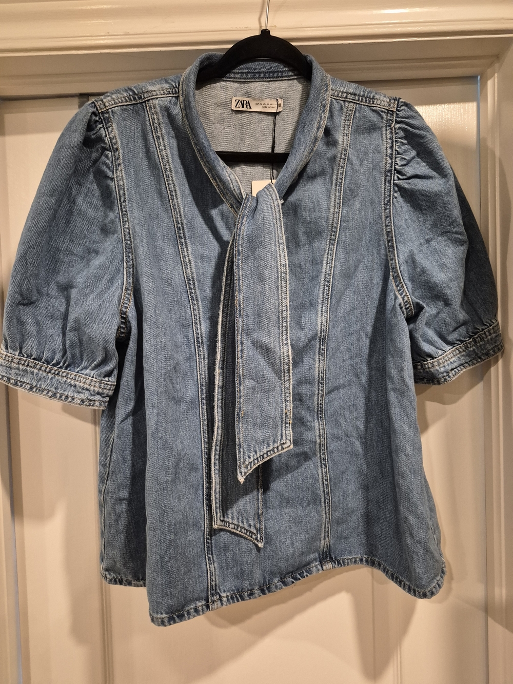 Zara Light Blue Denim Tie-Neck Top